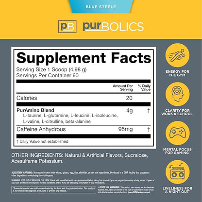 Aminos + Energy | Supports Recovery, Energy & Focus | 95mg of Caffeine, 0 Calories & 60 Servings (Blue Steele)