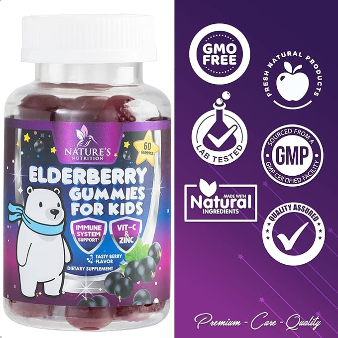 Sambucus Elderberry Immune Gummies for Kids with Vitamin C, Zinc & Elderberry, Daily Childrens Immune Support Vitamins Gummy Children Ages 4 Up, Natures Supplement, Non-GMO, Berry Flavor, 60 Gummies