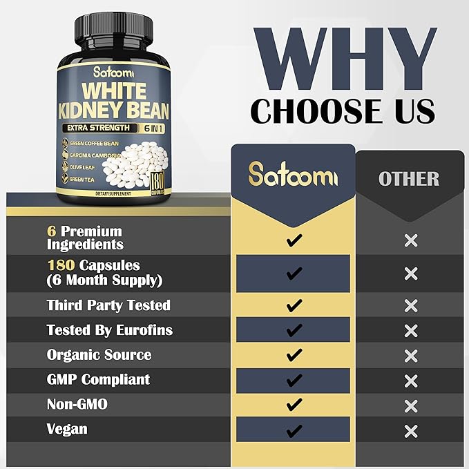 Satoomi 6in1 White Kidney Bean Extract Capsules - 6 Month Supply - Extra Blend with Olive Leaf, Green Coffee Bean & Green Tea - 180 Counts
