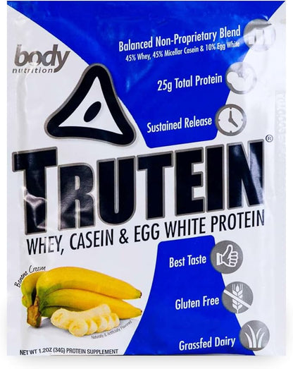 Body Nutrition Trutein High Protein Powder: 45% Whey, 45% Casein, 10% Egg White, Gluten-Free, Low Sodium, Grass Fed Whey Protein Powder, Gym Supplement & Breakfast Shake, Banana Cream, 34g Sample