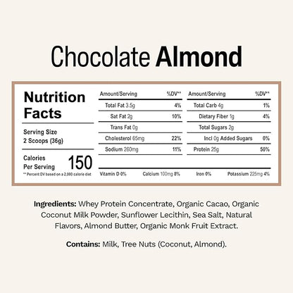 Rise Grass-Fed Whey Protein Powder - Chocolate Almond | 25g Protein No Artificial Flavors, Colors, or Preservatives - Sugar Free, Gluten-Free, Soy Free (2.4 lbs)
