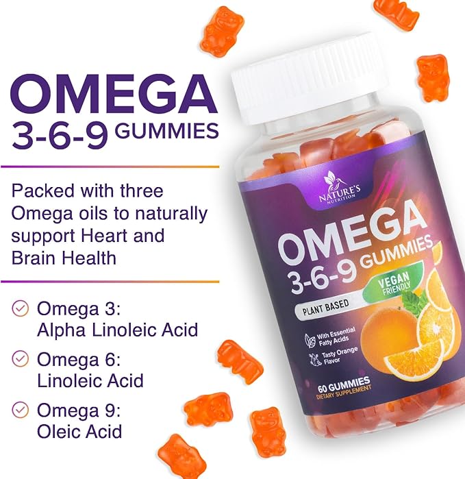 Omega 3 6 9 Vegan Gummies - Triple Strength Omega 3 Supplement Essential Oil Gummy - Omega 369 Heart Support and Brain Support for Women, Men & Pregnant Women, Non-GMO, Orange Flavor - 60 Gummies