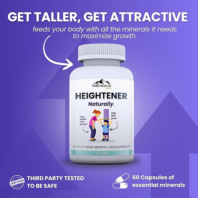 Heightener - Natural Height Growth Supplement for Kids, Teens and Adults to Increase Bone Strength and Grow Taller | Height Maximizer Pills with L-Arginine, Calcium & Zinc | 60 Capsules