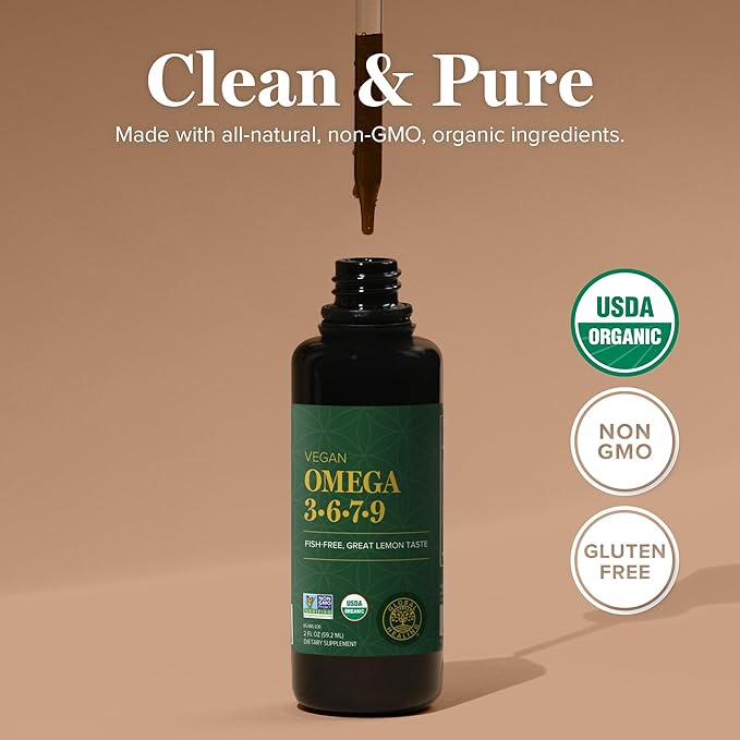Global Healing Organic Omega 3 6 9 and 7 (Seaberry CO2 Extract) - Fish-Free, Non-GMO Omega 3 Supplement for Women & Men, Contains Perilla Seed & Flaxseed Oil - Omega 3 Fish Oil Alternative - 2 Fl Oz