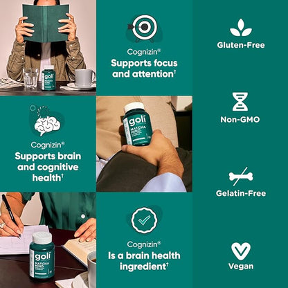 Goli Matcha Mind Gummies - 180 Count - Green Tea Leaves Powder with Cognizin for Focus, Attention and Brain Health, Vegan, Non-GMO, Gluten-Free & Gelatin Free.