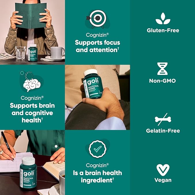 Goli Matcha Mind Gummies - 60 Count - Green Tea Leaves Powder with Cognizin for Focus, Attention and Brain Health, Vegan, Non-GMO, Gluten-Free & Gelatin Free.