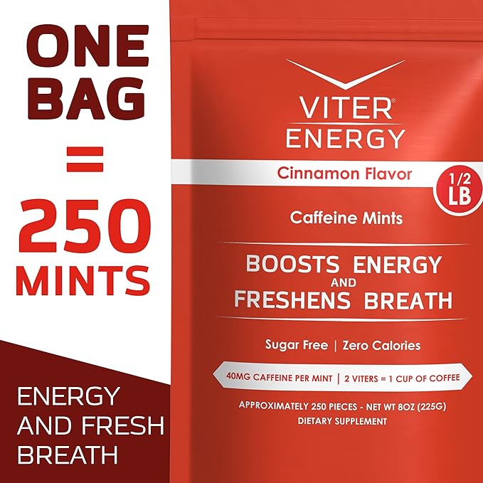 Viter Energy Caffeinated Mints 40mg Caffeine, B Vitamins, Sugar Free. (Cinnamon, 8oz, Bulk Bag)