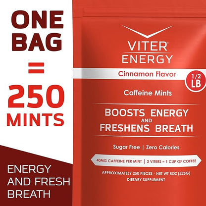 Viter Energy Caffeinated Mints 40mg Caffeine, B Vitamins, Sugar Free. (Cinnamon, 8oz, Bulk Bag)
