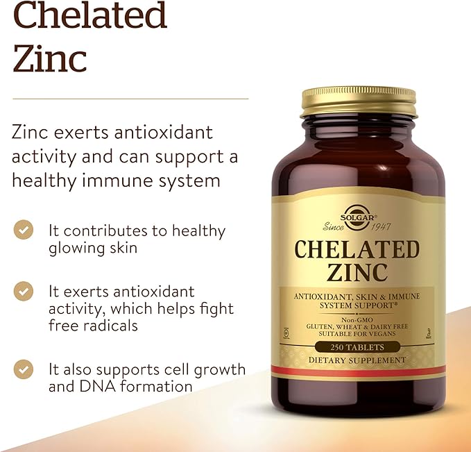 Solgar Chelated Zinc, 250 Tablets - Zinc for Healthy Skin - Supports Cell Growth & DNA Formation - Exerts Antioxidant Activity - Supports A Healthy Immune System - Non GMO, Vegan - 250 Servings