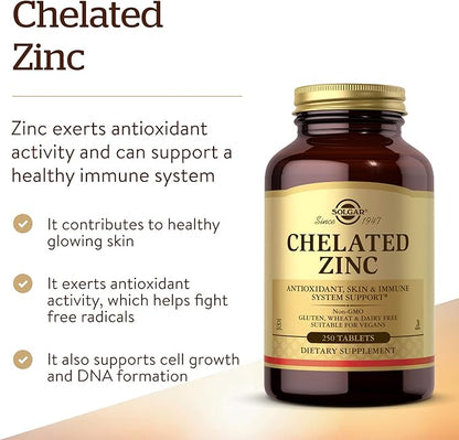 Solgar Chelated Zinc, 250 Tablets - Zinc for Healthy Skin - Supports Cell Growth & DNA Formation - Exerts Antioxidant Activity - Supports A Healthy Immune System - Non GMO, Vegan - 250 Servings