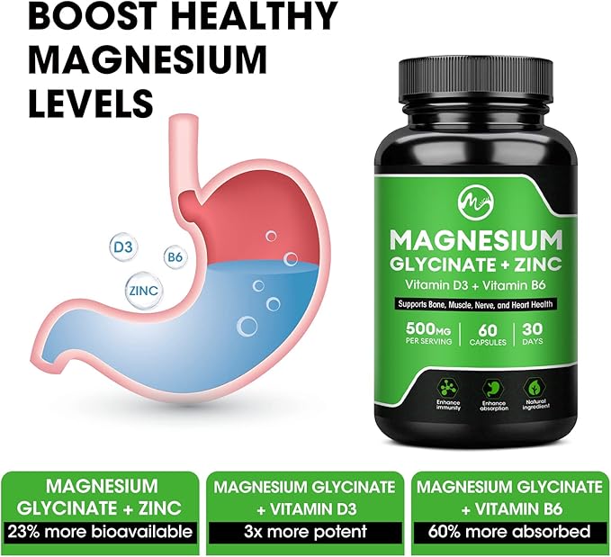 Magnesium Glycinate Capsules, Magnesium Glycinate Supplement with Magnesium Glycinate 500 mg, Zinc, Vitamin D3 & B6 - Promotes Nerve, Bowel, Relaxation Function - 60 Vegan Capsules