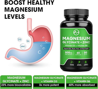Magnesium Glycinate Capsules, Magnesium Glycinate Supplement with Magnesium Glycinate 500 mg, Zinc, Vitamin D3 & B6 - Promotes Nerve, Bowel, Relaxation Function - 60 Vegan Capsules