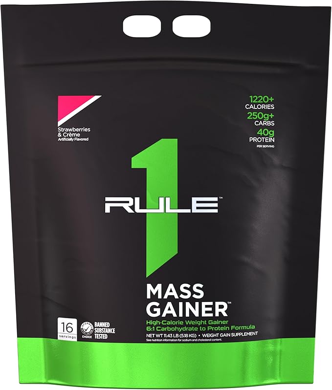 Rule One Proteins, Mass Gainer-Strawberries & Crème, High-Calorie Weight Gain Formula w/ 1,220+ Calories, 250g+ Complex Carb Blend, 40g All-Whey Protein, 8g Fat Per Serving, 12 Pounds, 16 Servings