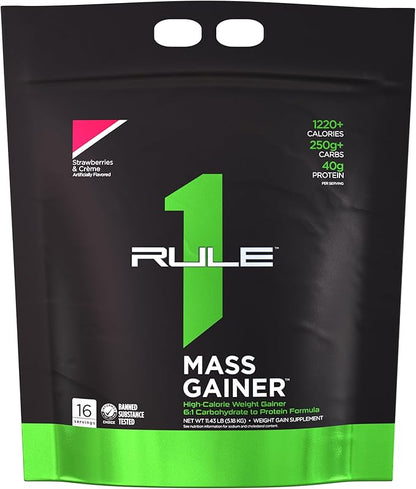 Rule One Proteins, Mass Gainer-Strawberries & Crème, High-Calorie Weight Gain Formula w/ 1,220+ Calories, 250g+ Complex Carb Blend, 40g All-Whey Protein, 8g Fat Per Serving, 12 Pounds, 16 Servings