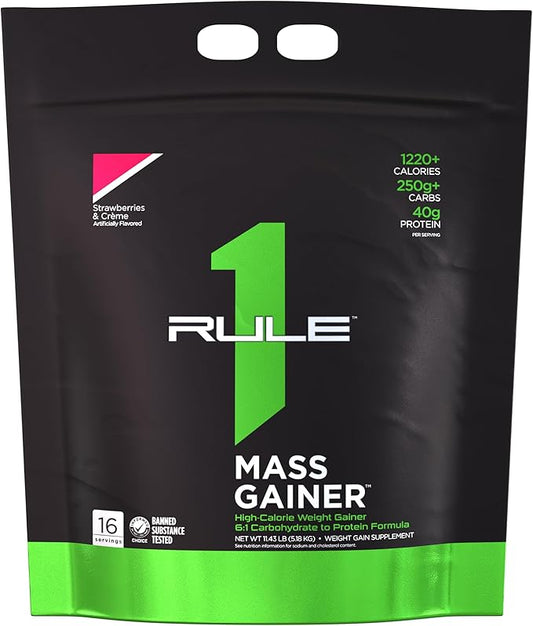 Rule One Proteins, Mass Gainer-Strawberries & Crème, High-Calorie Weight Gain Formula w/ 1,220+ Calories, 250g+ Complex Carb Blend, 40g All-Whey Protein, 8g Fat Per Serving, 12 Pounds, 16 Servings