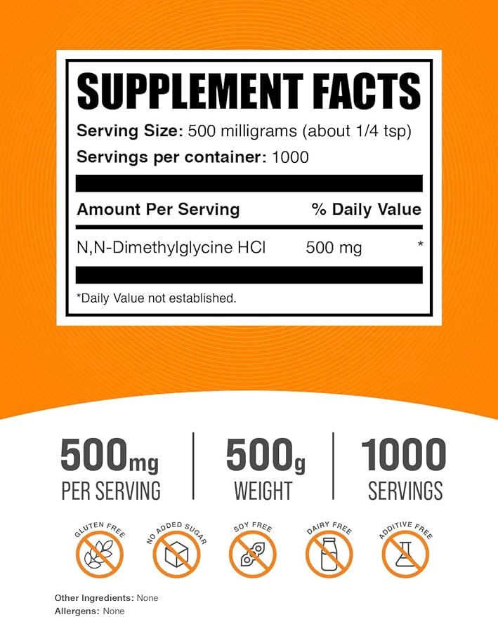 BulkSupplements.com DMG HCl Powder - N,N-Dimethylglycine HCl, DMG Supplements, DMG 500mg, DMG Dimethylglycine Powder - Gluten Free, 500mg per Serving, 500g (1.1 lbs) (Pack of 1)