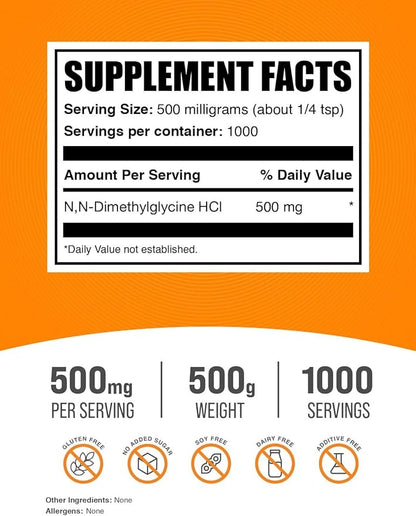 BulkSupplements.com DMG HCl Powder - N,N-Dimethylglycine HCl, DMG Supplements, DMG 500mg, DMG Dimethylglycine Powder - Gluten Free, 500mg per Serving, 500g (1.1 lbs) (Pack of 1)