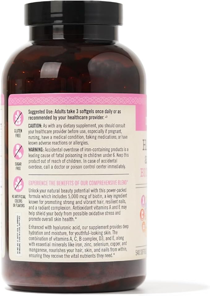 NatureWise Hair Skin and Nails Vitamin, Biotin 5000mcg w/Hyaluronic Acid, Collagen for Women with C, B Complex, D3, A, E, Iron - Non-GMO, Gluten Free - 540 Softgels[6-Month Supply]