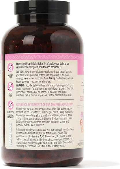 NatureWise Hair Skin and Nails Vitamin, Biotin 5000mcg w/Hyaluronic Acid, Collagen for Women with C, B Complex, D3, A, E, Iron - Non-GMO, Gluten Free - 540 Softgels[6-Month Supply]