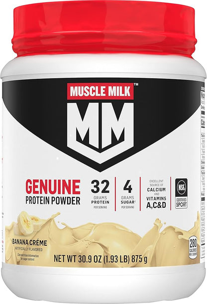 Muscle Milk Genuine Protein Powder, Banana Crème, 1.93 Pounds, 12 Servings, 32g Protein, 4g Sugar, Calcium, Vitamins A, C & D, NSF Certified for Sport, Energizing Snack, Packaging May Vary