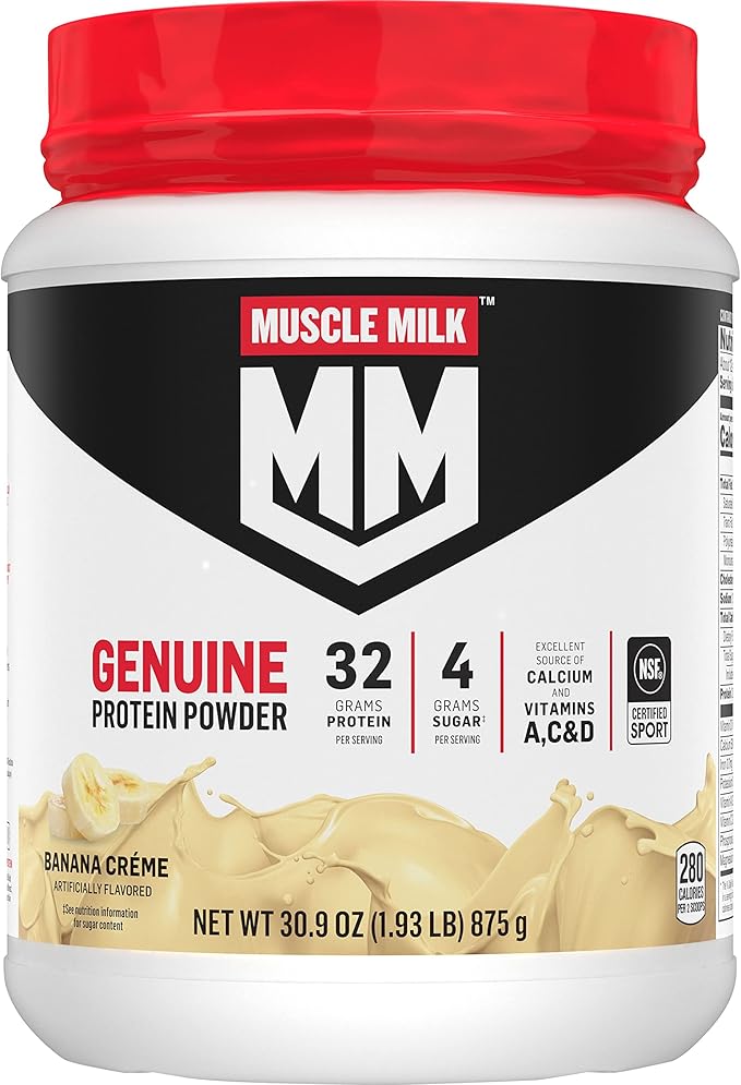 Muscle Milk Genuine Protein Powder, Banana Crème, 1.93 Pounds, 12 Servings, 32g Protein, 4g Sugar, Calcium, Vitamins A, C & D, NSF Certified for Sport, Energizing Snack, Packaging May Vary