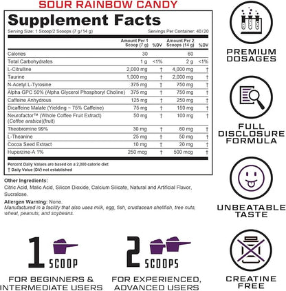 Prevail Pre Workout Powder with Nootropics: Pre-Workout Drink for Men and Women, Cutting Edge Energy and Focus Supplement with L Citrulline, Alpha GPC, L Tyrosine | Sour Rainbow Candy, 40 Scoops