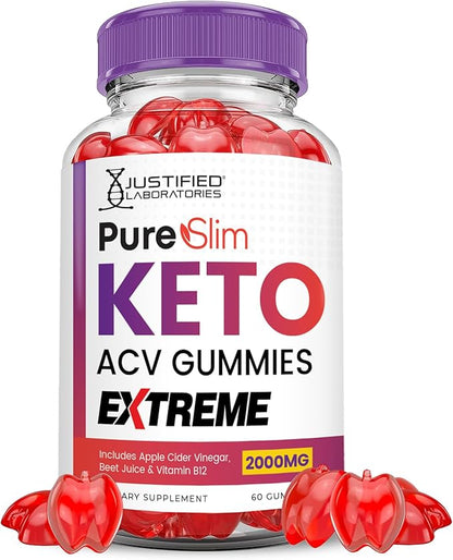 (2 Pack) Pure Slim Keto ACV Gummies Extreme 2000MG PureSlim Keto Gummies Advanced Formula Apple Cider Vinegar with Pomegranate Beet Juice Powder B12 Vegan Non GMO 120 Gummys