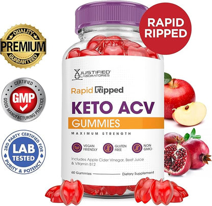 Rapid Ripped Keto ACV Gummies Advanced Formula 1000MG Rapidripped Keto Gummies Apple Cider Vinegar Formulated with Pomegranate Beet Juice Powder B12 Vegan Non GMO 60 Gummys