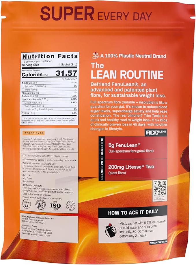 Trim Tonic | 15 Serves | Daily Fiber | Psyllium-Free | Gut Health | Soluble+Insoluble 15 Sachets