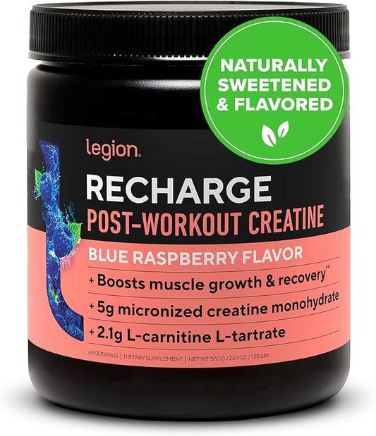 Legion Recharge Post Workout Supplement - All Natural Muscle Builder & Recovery Drink With Micronized Creatine Monohydrate. Naturally Sweetened & Flavored, Safe & Healthy. (Blue Raspberry, 60 Serving)
