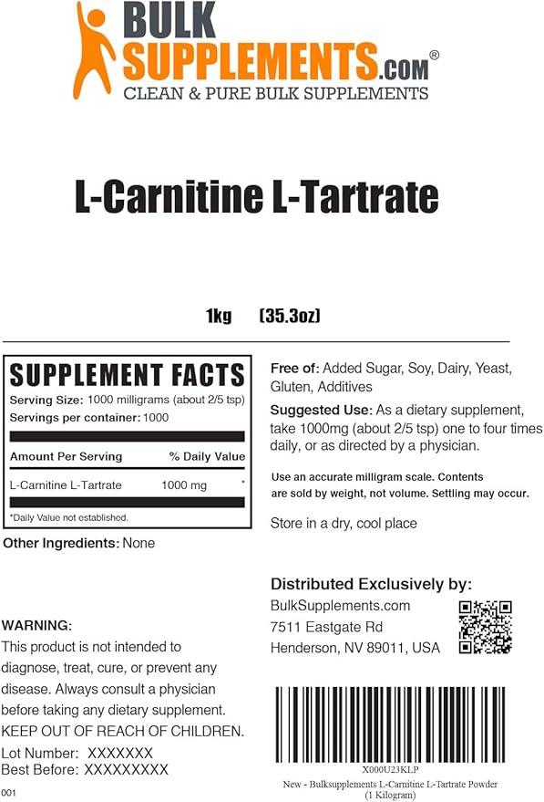 BulkSupplements.com L-Carnitine Tartrate Powder - Carnitine Supplement, L-Carnitine L-Tartrate, L Carnitine 1000mg - Unflavored & Gluten Free, 1000mg per Serving, 1kg (2.2 lbs) (Pack of 1)
