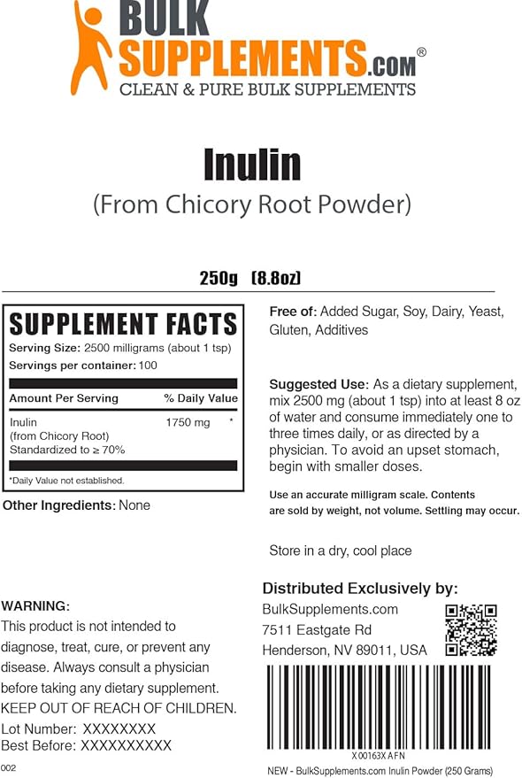 BulkSupplements.com Inulin Powder - Inulin Supplement, Soluble Fiber Powder - Vegan & Gluten Free, Inulin Fiber - 2500mg per Serving, 250g (8.8 oz) (Pack of 1)