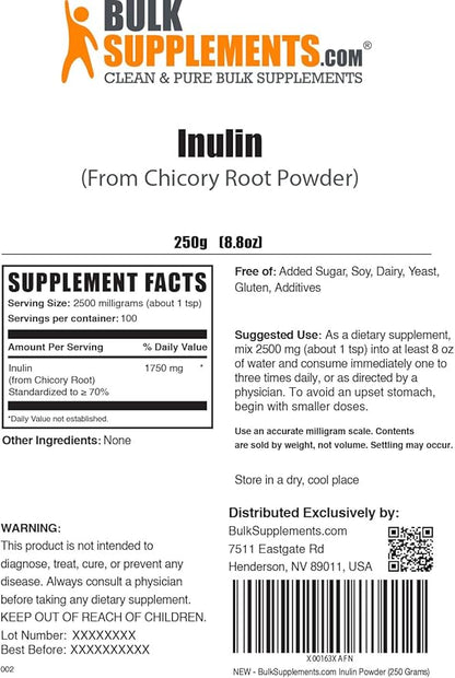 BulkSupplements.com Inulin Powder - Inulin Supplement, Soluble Fiber Powder - Vegan & Gluten Free, Inulin Fiber - 2500mg per Serving, 250g (8.8 oz) (Pack of 1)