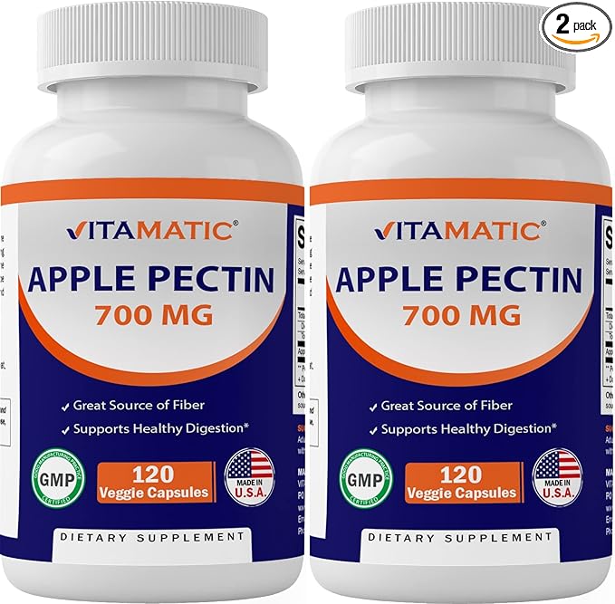 Vitamatic 2 Pack Apple Pectin 700 mg 120 Vegetarian Capsules - Dietary Fiber - Promotes Healthy Intestinal Health*
