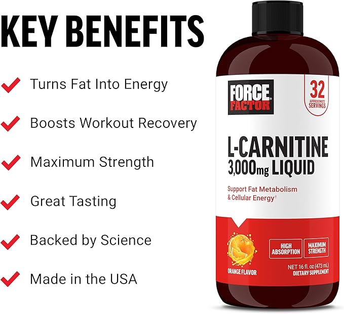 Force Factor L Carnitine Supplement, Liquid L-Carnitine 3000 mg to Help Turn Fat Into Energy, Support Muscle Recovery, and Boost Cellular Energy, Maximum Strength, Non-GMO, Orange Flavor, 16 Oz.