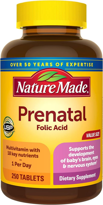 Nature Made Prenatal Multivitamin with Folic Acid, Prenatal Vitamin and Mineral Supplement for Daily Nutritional Support, 250 Tablets, 250 Day Supply
