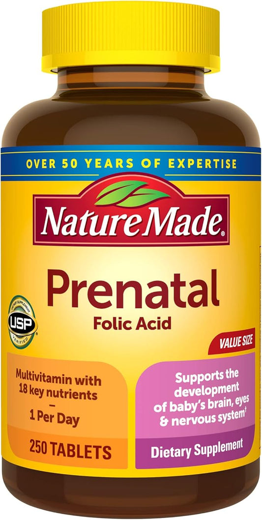 Nature Made Prenatal Multivitamin with Folic Acid, Prenatal Vitamin and Mineral Supplement for Daily Nutritional Support, 250 Tablets, 250 Day Supply