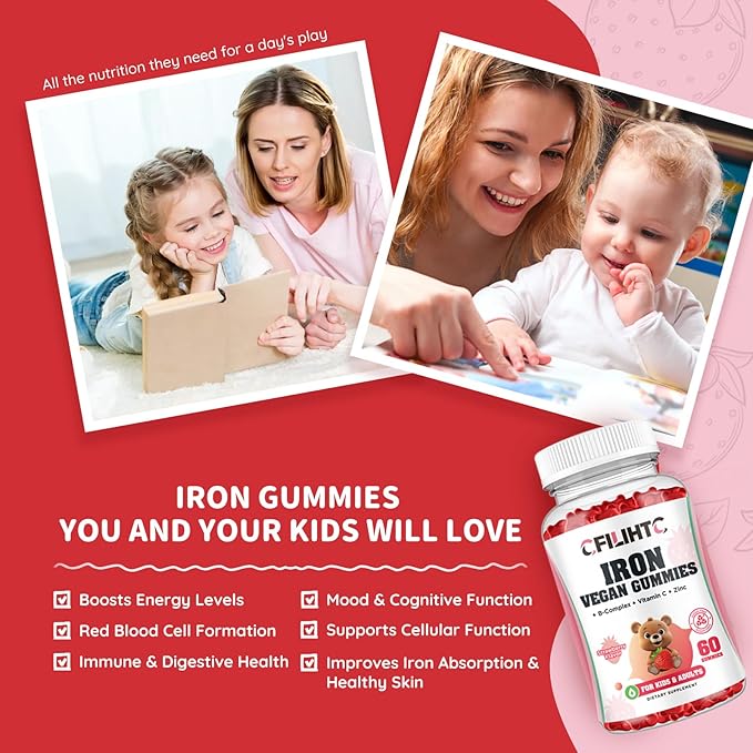 Iron Gummies for Kids, Women & Men, Iron Supplement with Multivitamin - Vitamin B Complex, C, B6, B12, Folate, Zinc for Anemia, Iron Deficiency, Blood Builder, Energy - Strawberry Flavor, Vegan 60ct