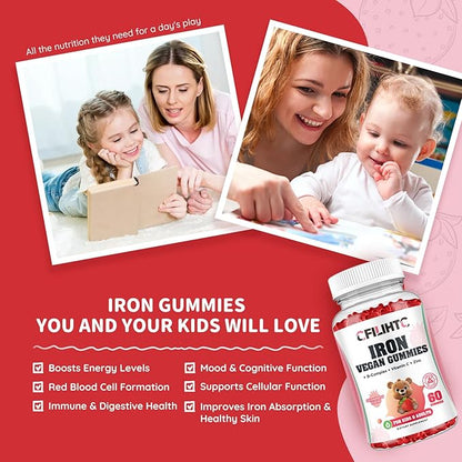 Iron Gummies for Kids, Women & Men, Iron Supplement with Multivitamin - Vitamin B Complex, C, B6, B12, Folate, Zinc for Anemia, Iron Deficiency, Blood Builder, Energy - Strawberry Flavor, Vegan 60ct