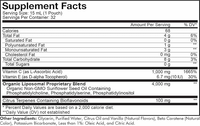 Codeage Liposomal Vitamin C Liquid 1000mg Vitamin C, 4000mg Essential Phospholipids, Supplement For Daily Immune Support, Liposomes For Absorption, Citrus Bioflavonoids, Vitamin E, Non-GMO, 32 Pouches