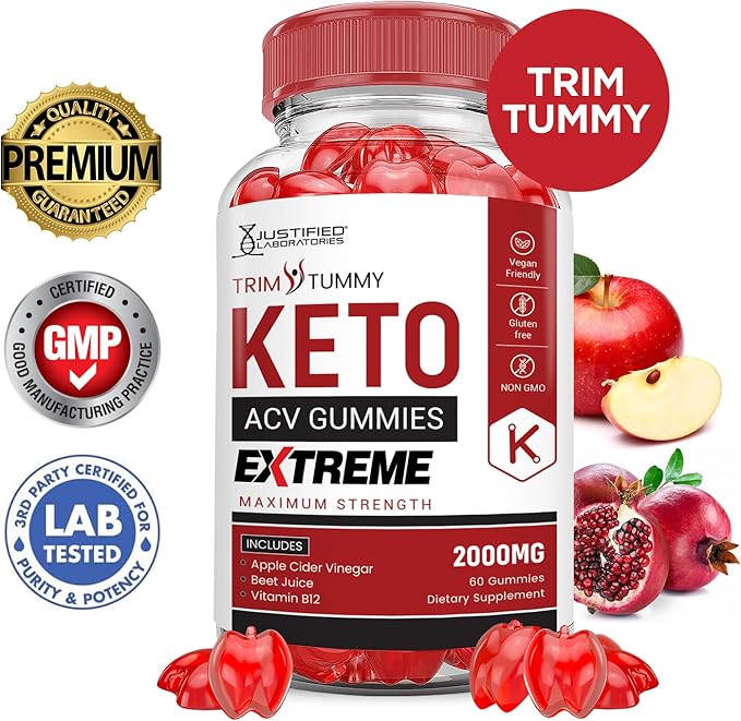 (5 Pack) Trim Tummy Keto ACV Gummies Extreme 2000MG Trim Tummy Keto Gummies Apple Cider Vinegar Formulated with Pomegranate Beet Juice Powder B12 Vegan Non GMO 300 Gummys