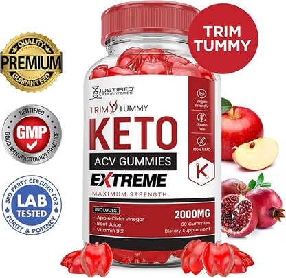 (5 Pack) Trim Tummy Keto ACV Gummies Extreme 2000MG Trim Tummy Keto Gummies Apple Cider Vinegar Formulated with Pomegranate Beet Juice Powder B12 Vegan Non GMO 300 Gummys
