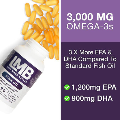 Wild Caught Omega 3 Fish Oil 3000mg - Triple Strength Burpless DHA 900mg + EPA 1200mg Non-GMO - Enteric Coated with No Aftertaste - LMB (90 Soft Gels)