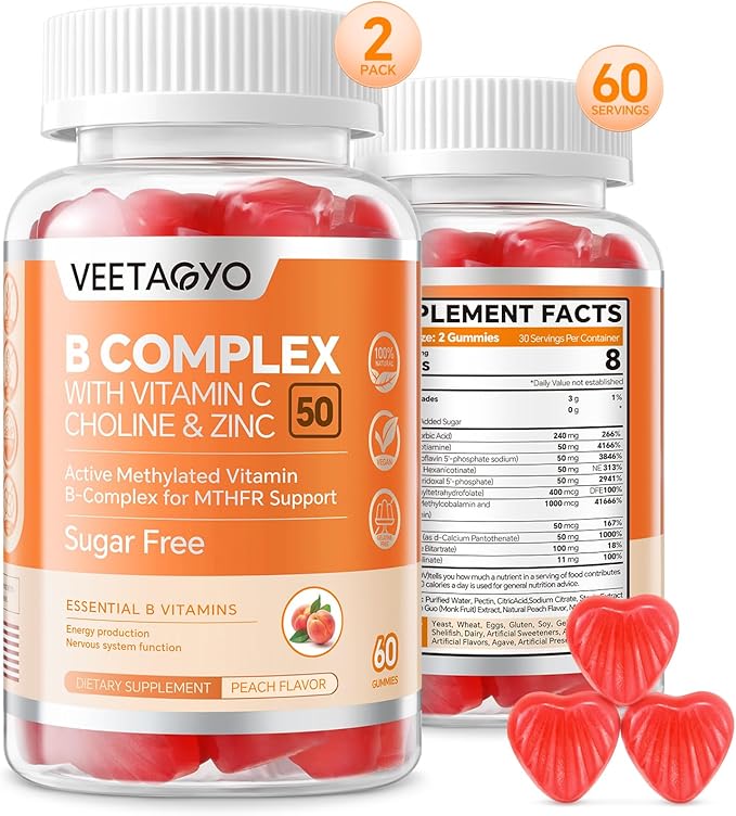 B Complex 50 Gummies ,Methylated B Complex with Vitamin C,Choline & Zinc - Active Methylated B-Complex for Energy,Methylated Support - All B Vitamins - B1,B2,B3,B5,B6,B7,B9,B12 - Sugar Free,120 Count
