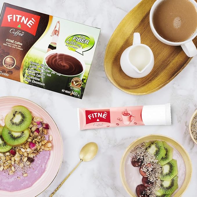 FITNE Premium Instant Coffee Packets Mix With Fiber 4,000 mg Collagen Cactus Extract L-Carnitine High Chromium No Sugar Sucralose Sweetener, 10 Sticks