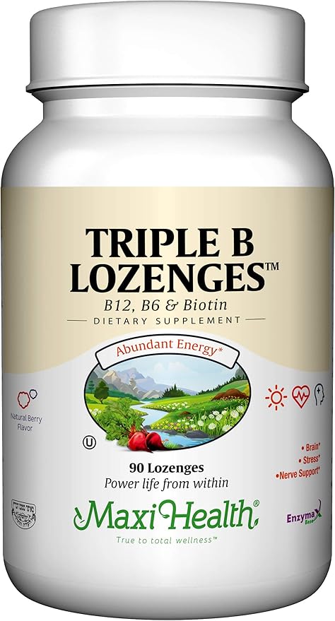 Maxi Health Triple B Lozenges - Vitamin B12 & B6 & Biotin - Strawberry Flavor - 90 Chewies - Kosher
