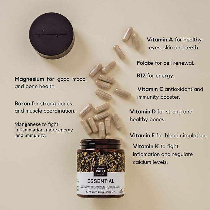 PALO Essential+ Adult One Daily Ritual Multivitamin with Vitamins D3, K2 (as MK7), B12, E, Folate, Minerals Boron and Magnesium and More (60 Capsules, 2 Month Supply)