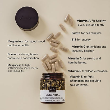 PALO Essential+ Adult One Daily Ritual Multivitamin with Vitamins D3, K2 (as MK7), B12, E, Folate, Minerals Boron and Magnesium and More (60 Capsules, 2 Month Supply)