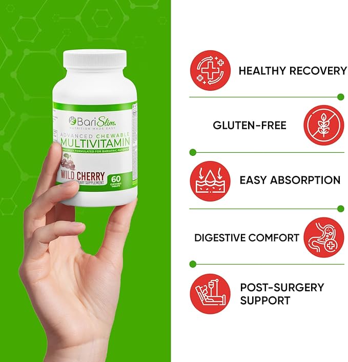 BariSlim Advanced Chewable Bariatric Multivitamin Tablets - Bariatric Vitamin and Supplement for Post Bariatric Surgery Including Gastric Bypass and Gastric Sleeve | Wild Cherry (60 Count)