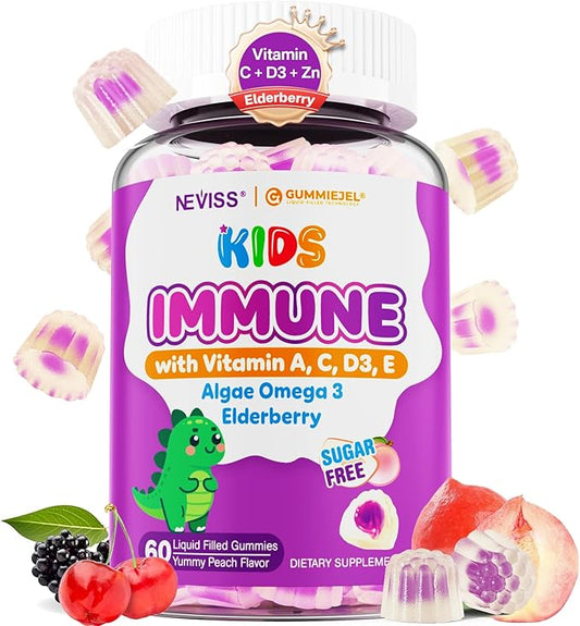 Elderberry + Vitamin C & Zinc Immune Support Gummies for Kids 4+, Omega-3, Vitamin D3, A, E, Sugar Free Daily Childrens Daily Multi Vitamins Gummy | Immunity, Eye & Brain Health | Non-GMO, 60 Count
